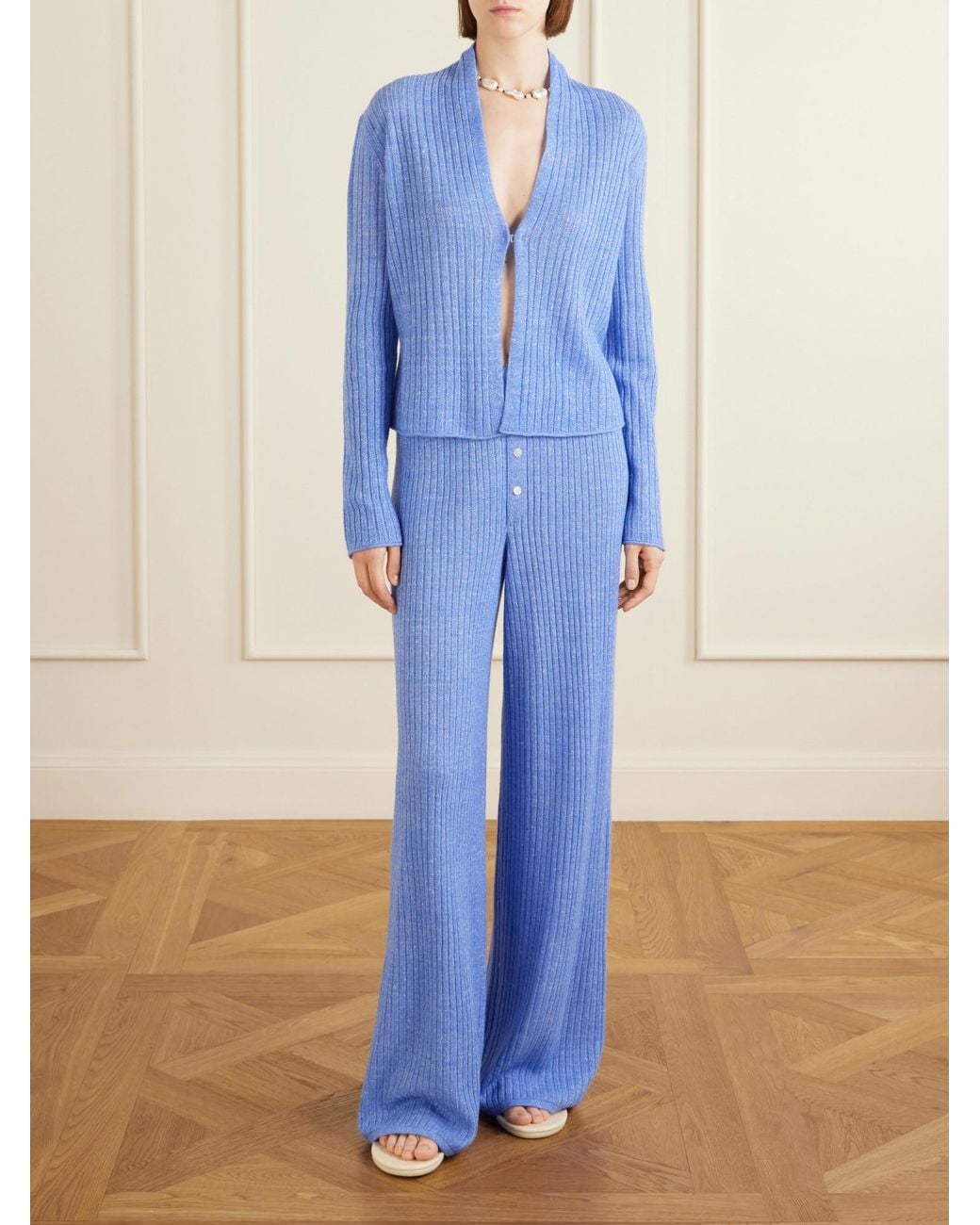 Guest In Residence Blue Lightweight Cashmere Linen Wide-Leg Pants