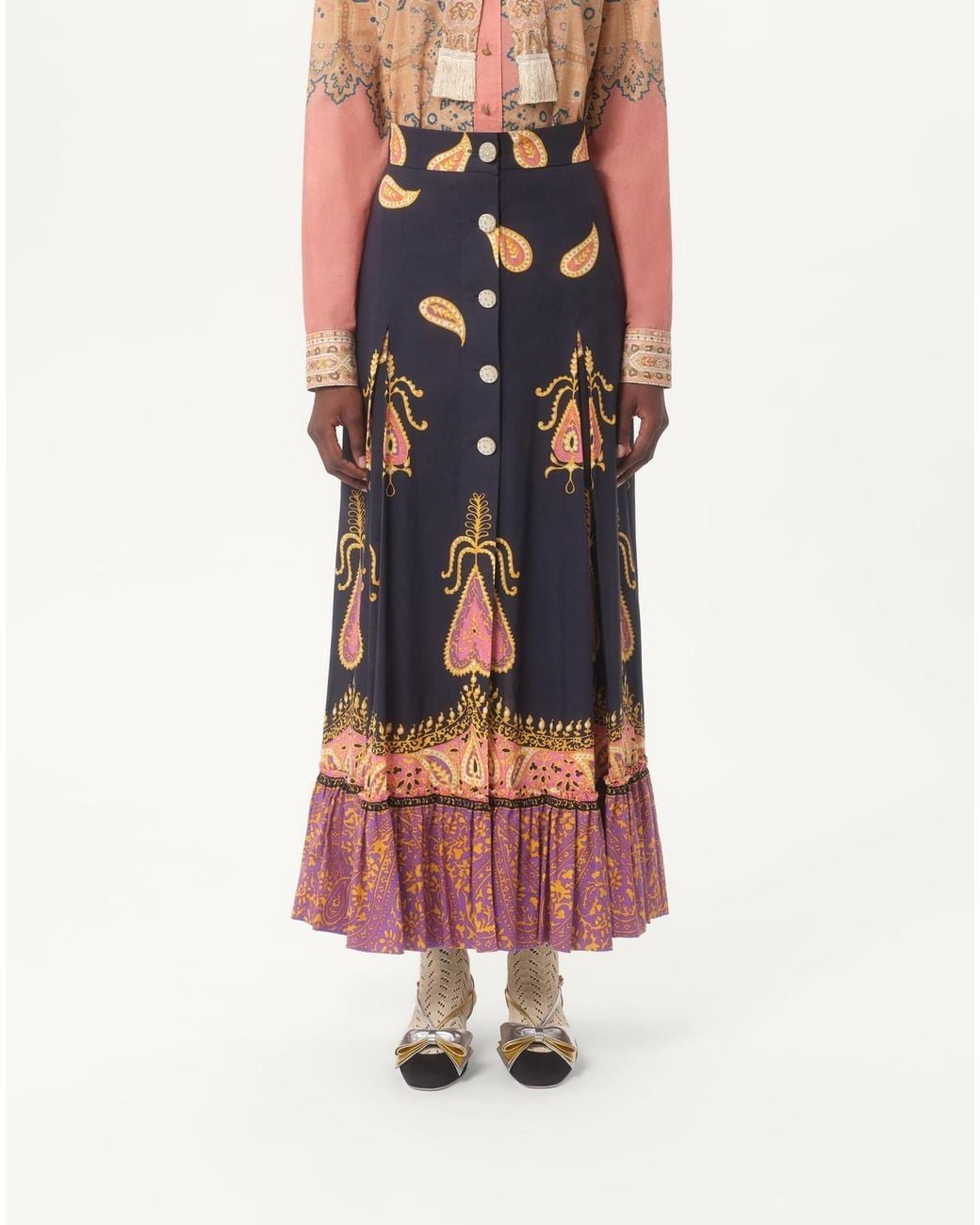 Valentino Blue Paisley-Print Maxi Skirt