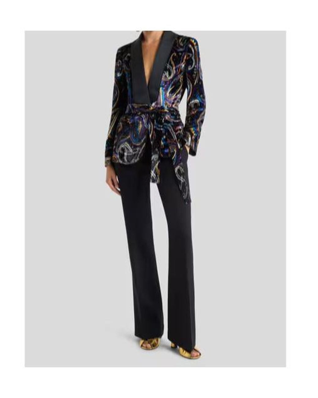 Etro Black Paisley Foliage Motif Belted Velvet Blazer