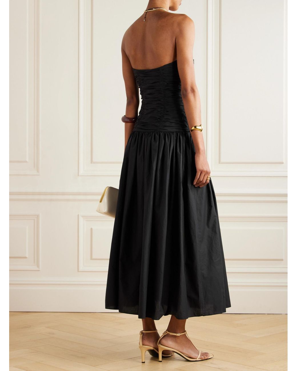 Matteau Black Strapless Ruched Organic Cotton-Poplin Midi Dress