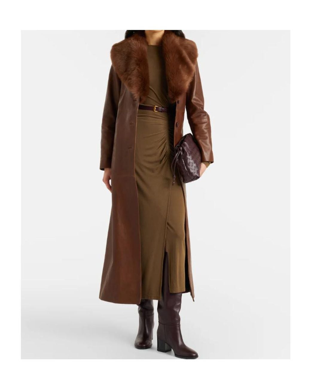 Nour Hammour Brown Dakota Shearling-Trimmed Leather Coat