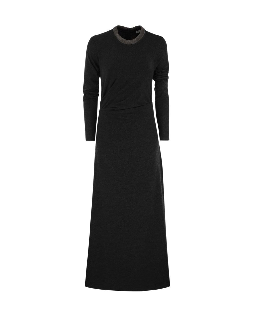 Brunello Cucinelli Black Crewneck Draped Dress