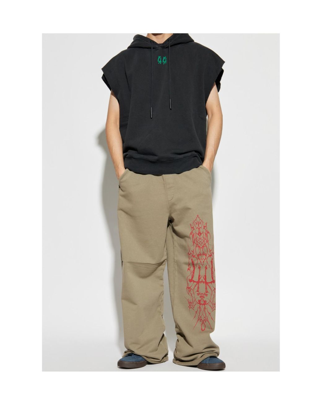 44 Label Group Black Logo Printed Sleeveless Drawstring Hoodie for men