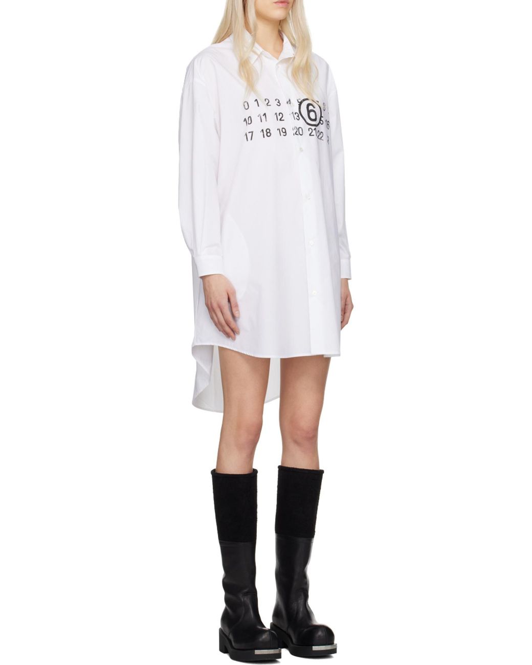 MM6 by Maison Margiela White Logo Printed Midi Shirt Dress