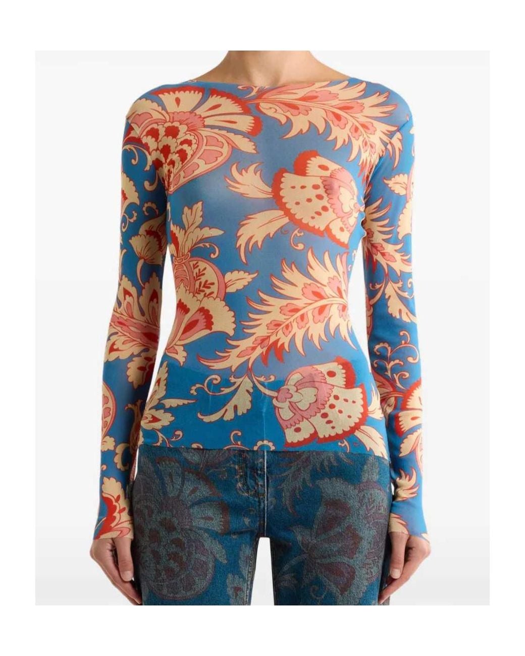 Etro Blue Floral-Motif Long-Sleeve Top