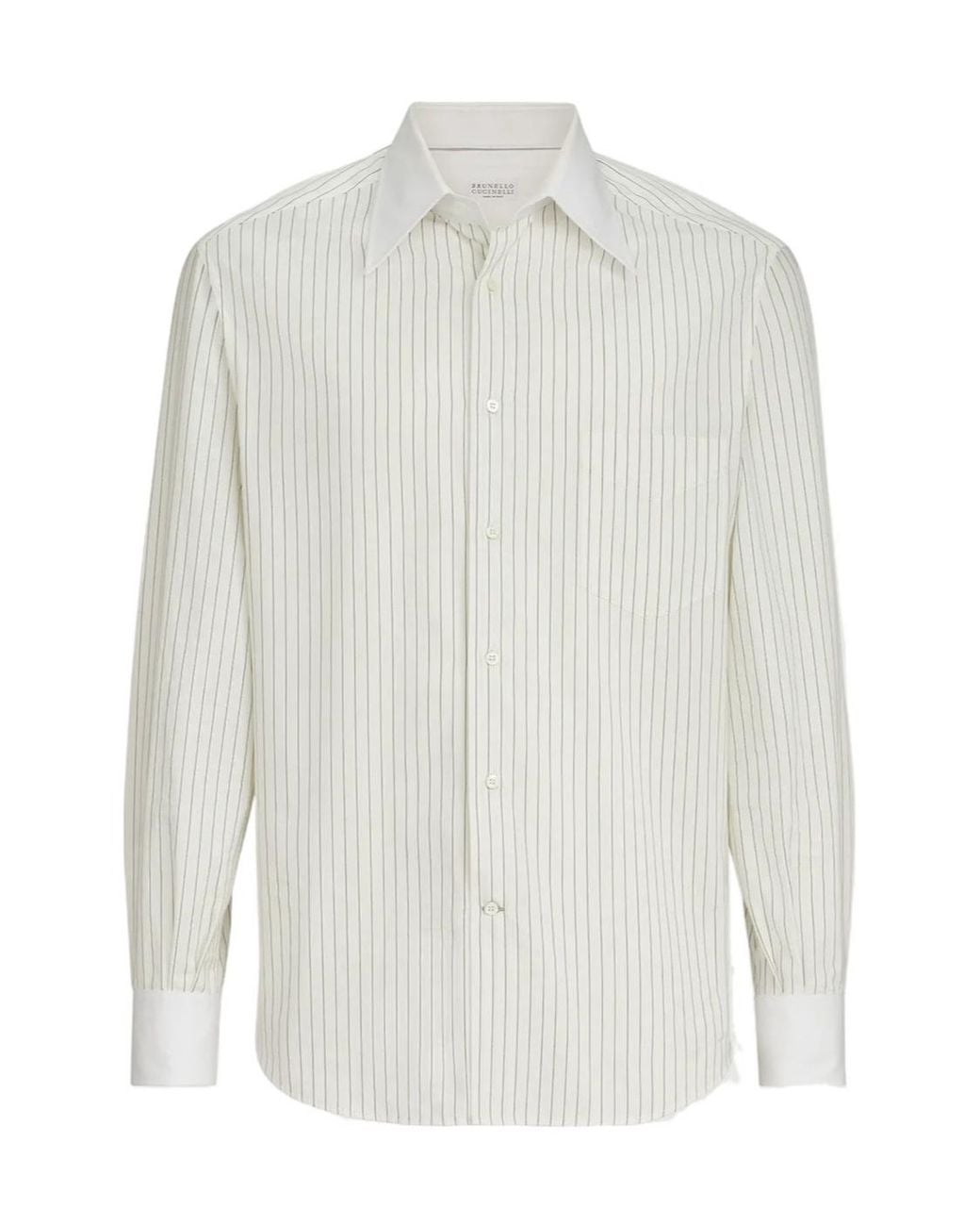 Brunello Cucinelli White Striped Cotton And Silk Shirt With Contrast Italian Collar And Cuffs for men