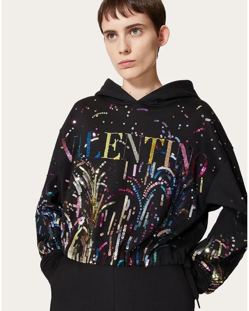 Valentino Black Sequin Logo Cropped Hoodie