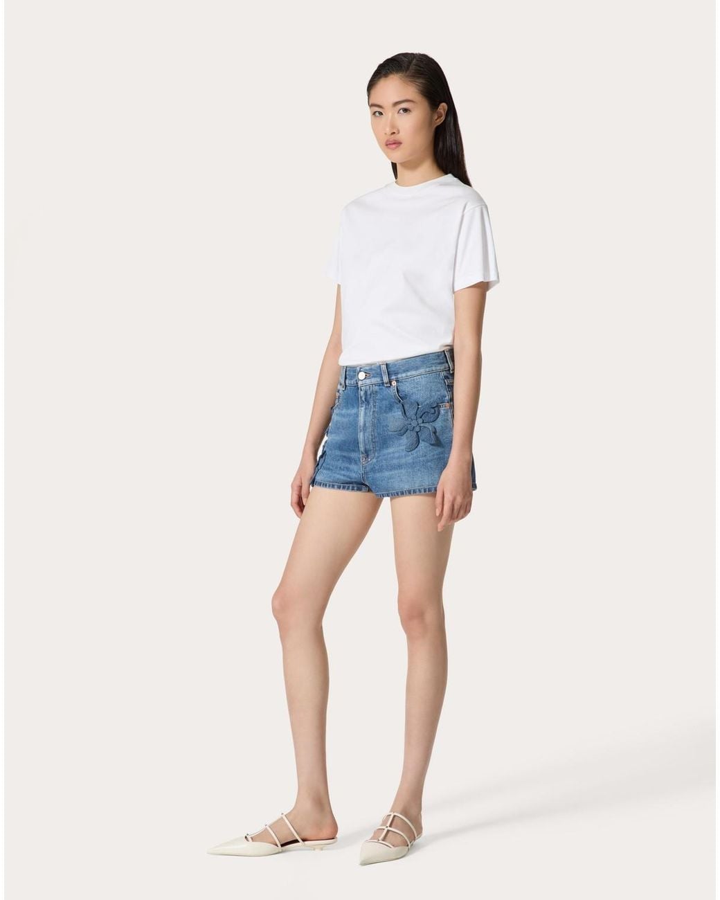 Valentino Blue Floral-Appliqué Straight Hem Denim Shorts