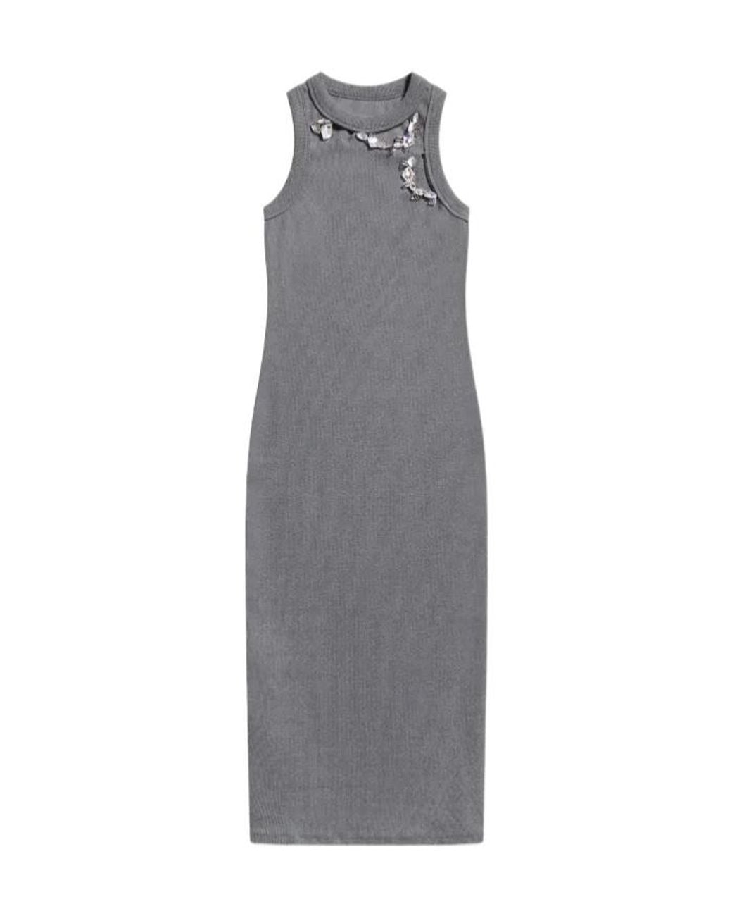 Area Gray Crystal-Embellished Ribbed Midi Dress