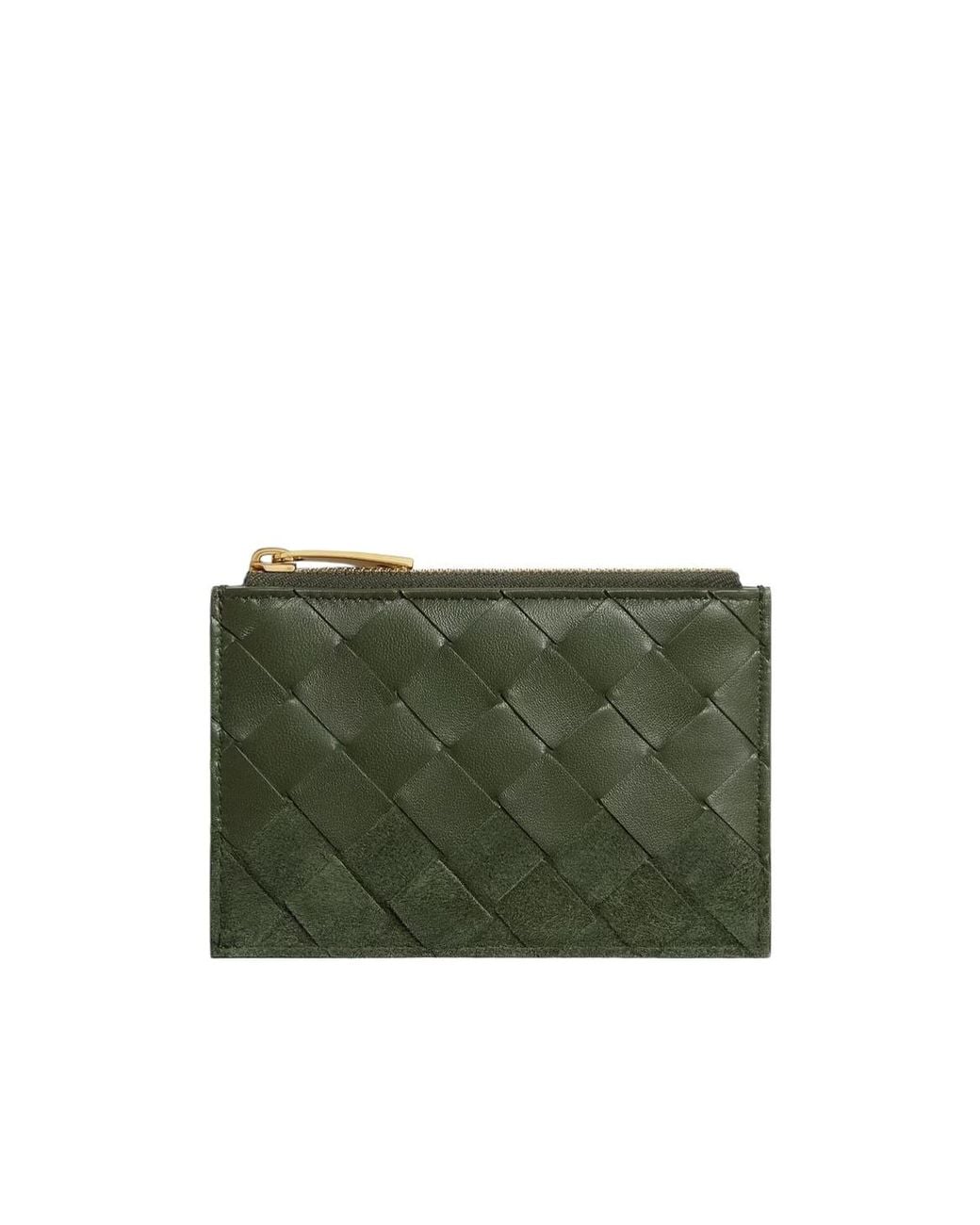 Bottega Veneta Green Woven Zipper Card Holder
