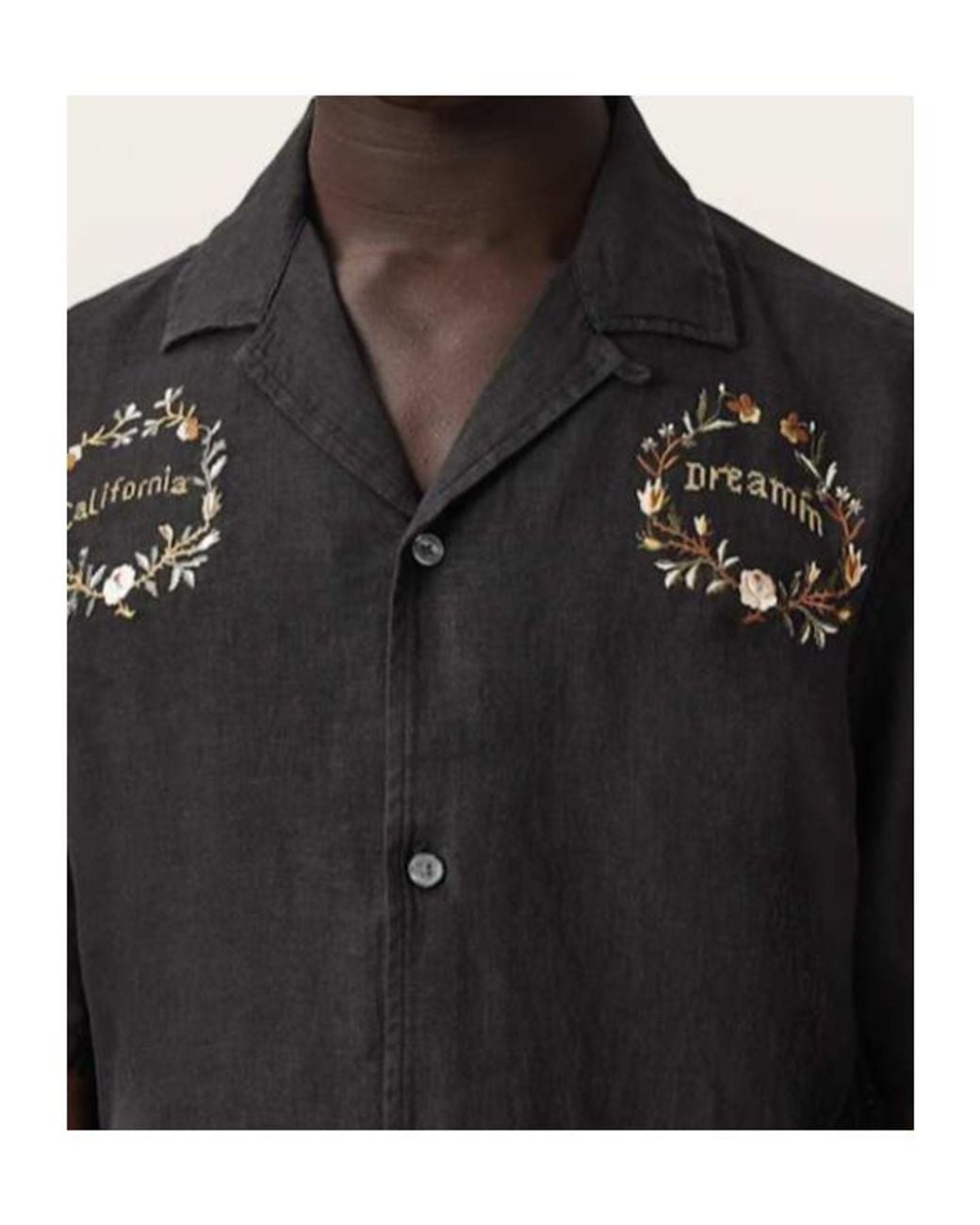 AllSaints Black Klavicle Short Sleeve Linen Embroidered Shirt for men