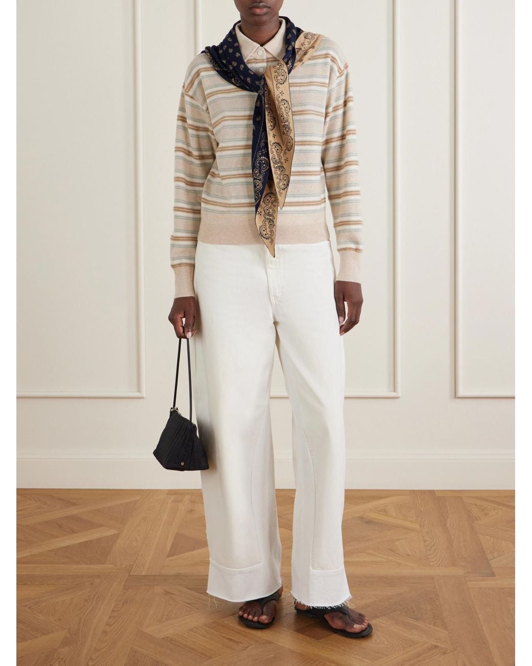 Guest In Residence White Collegiate Striped Cashmere Polo Sweater