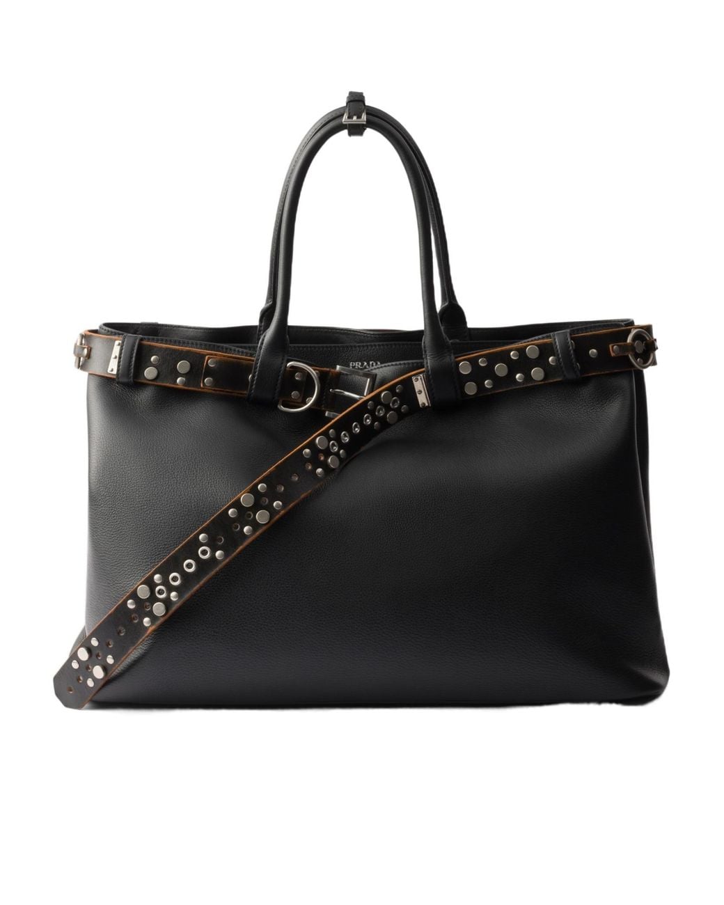 Prada Black Buckle Leather Bag With Studded Belt for men