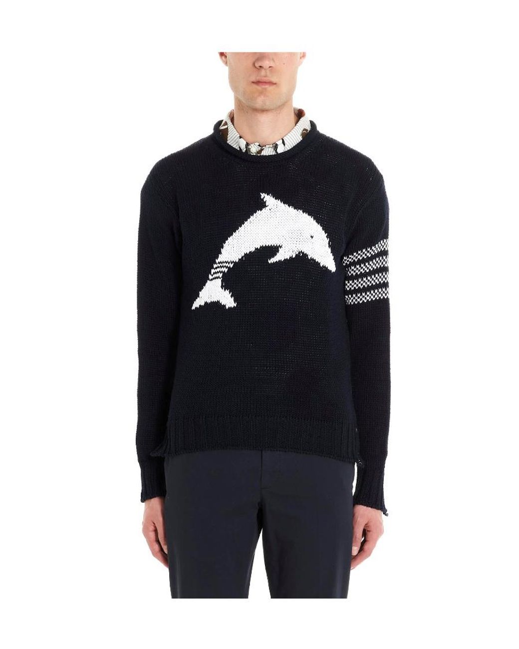 Thom Browne Blue Dolphin Intarsia 4-Bar Jumper for men