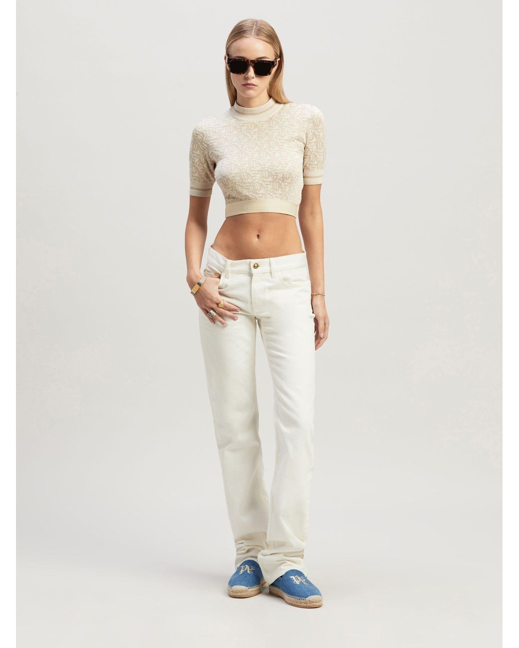 Palm Angels White Monogram-Jacquard Knitted Cropped Top