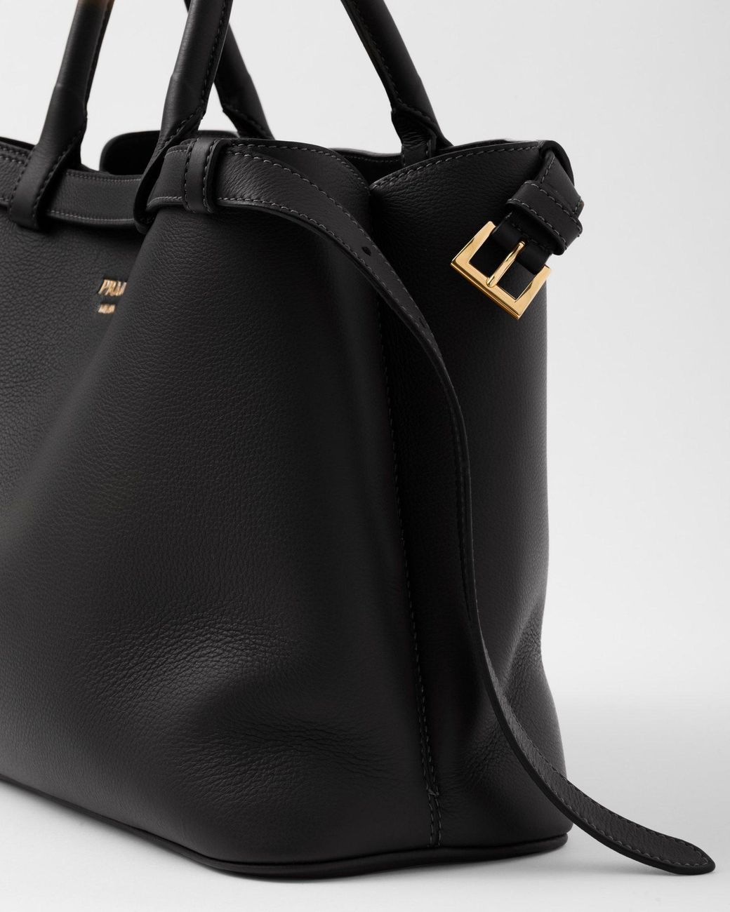 Prada Black Buckle Medium Leather Handbag With Double Belt