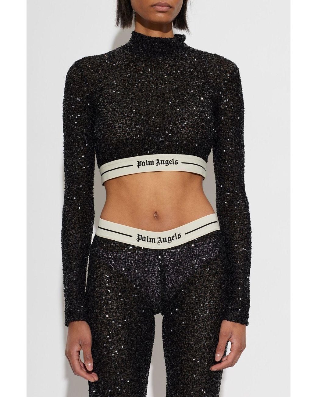 Palm Angels Black Sequined Long-Sleeve Crop Top