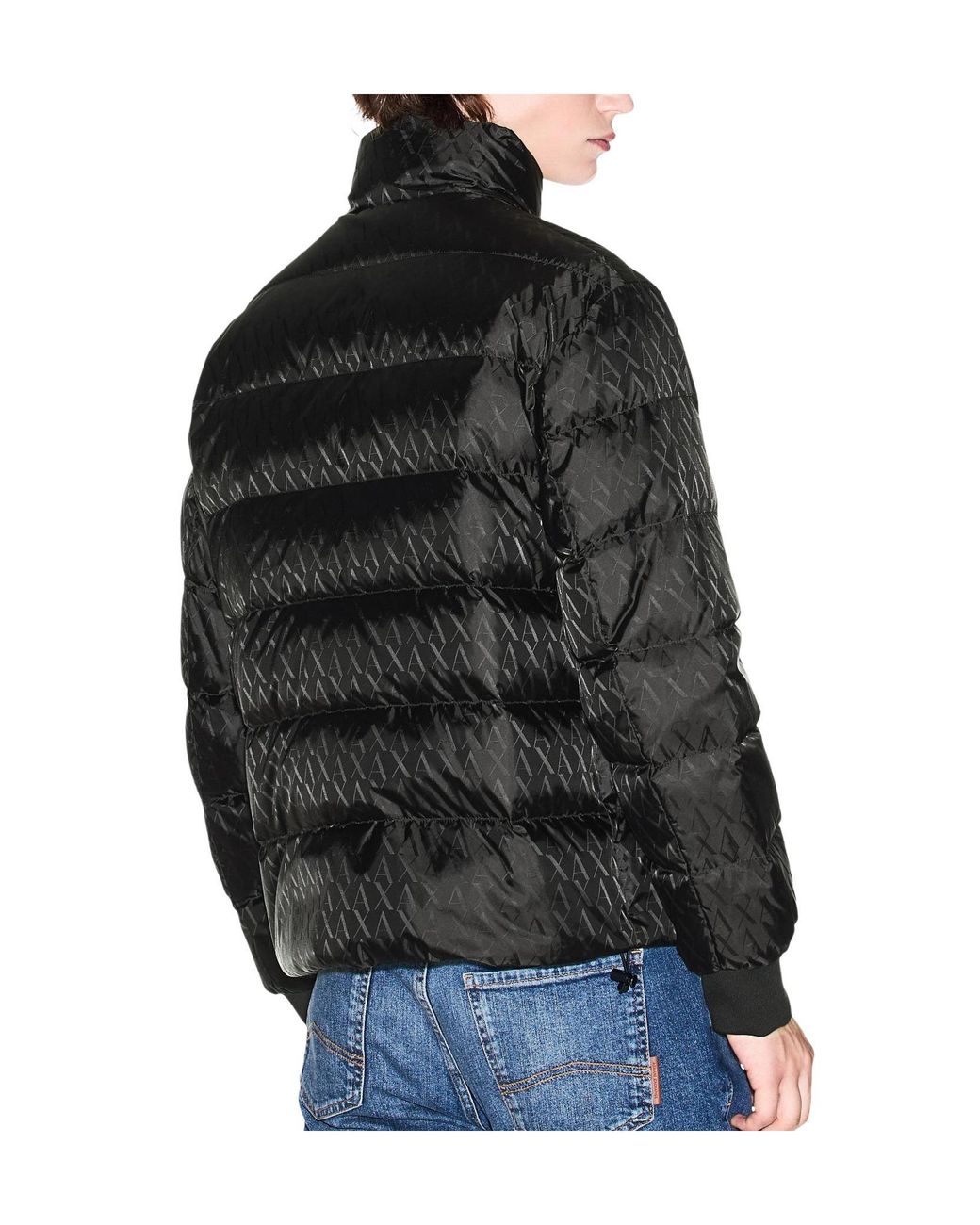 ARMANI EXCHANGE Black Tone On Tone Allover Logo Puffer Jacket for men