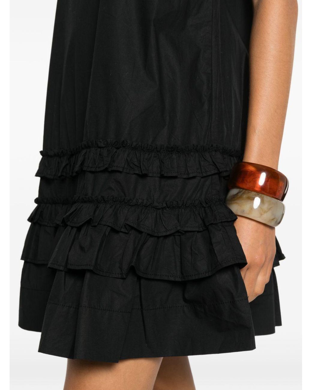 Ganni Black Ruffle-Trim Tie-Fastening Dress