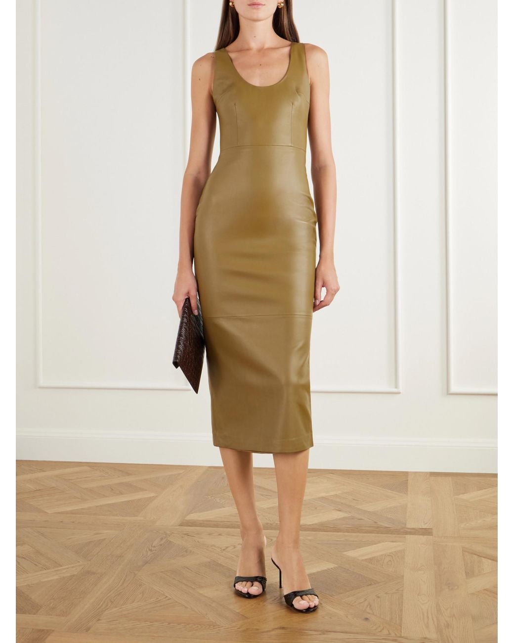 Alex Perry Green Paneled Leather Midi Dress