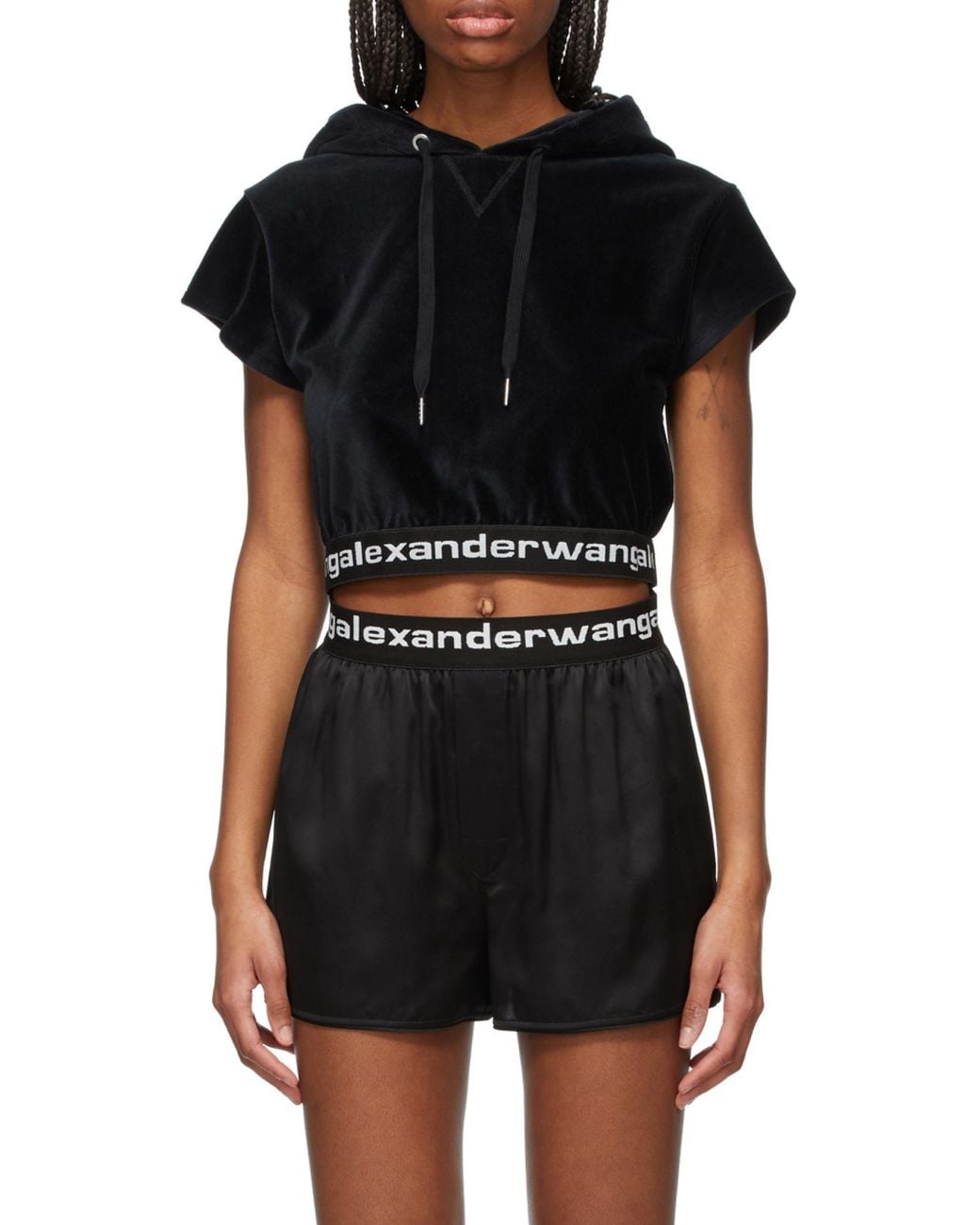 Alexander Wang Black Cropped Drawstring Corduroy Hoodie