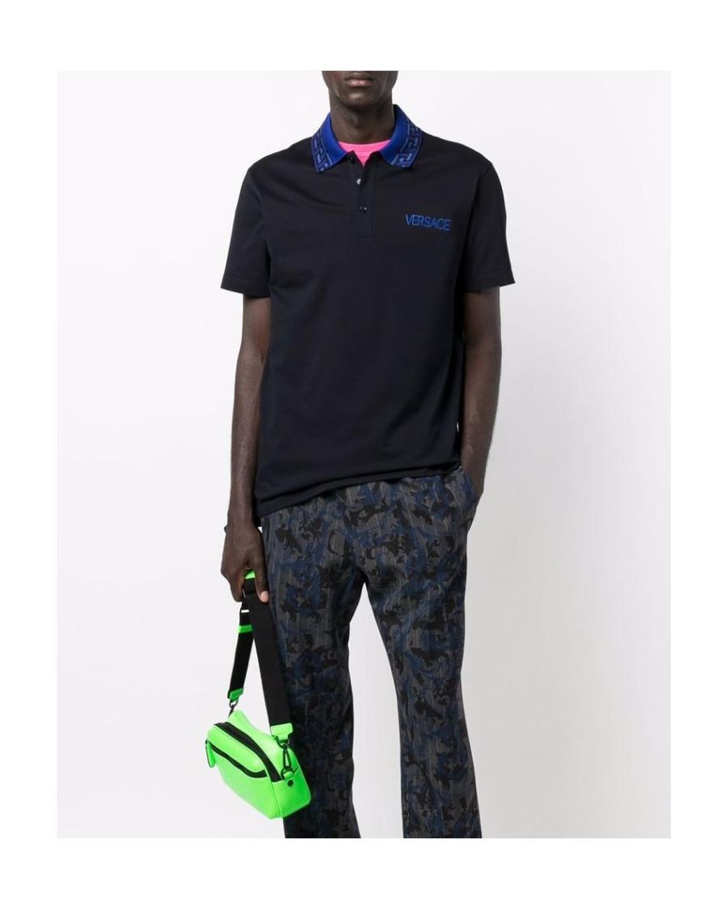 Versace Black Intarsia Logo Short-Sleeved Polo Shirt for men