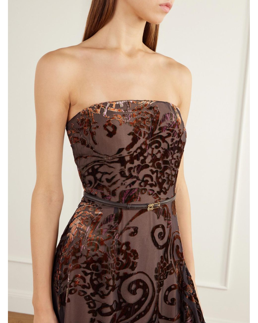 Elie Saab Brown Strapless Belted Devoré Silk-Blend Velvet Gown