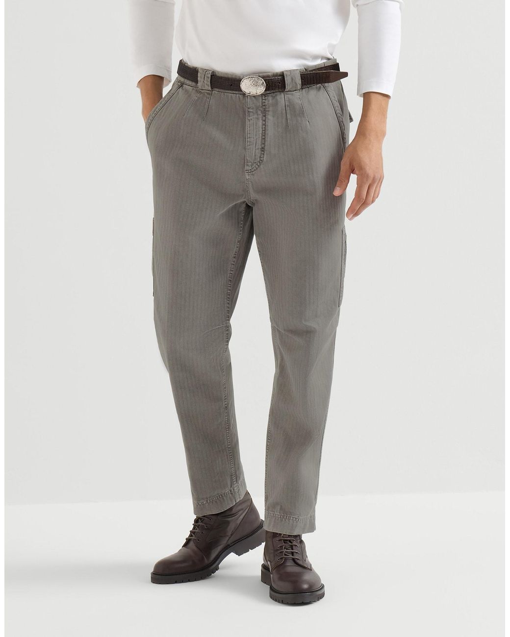 Brunello Cucinelli Gray Cotton Chevron Trousers With Zipped Pocket for men