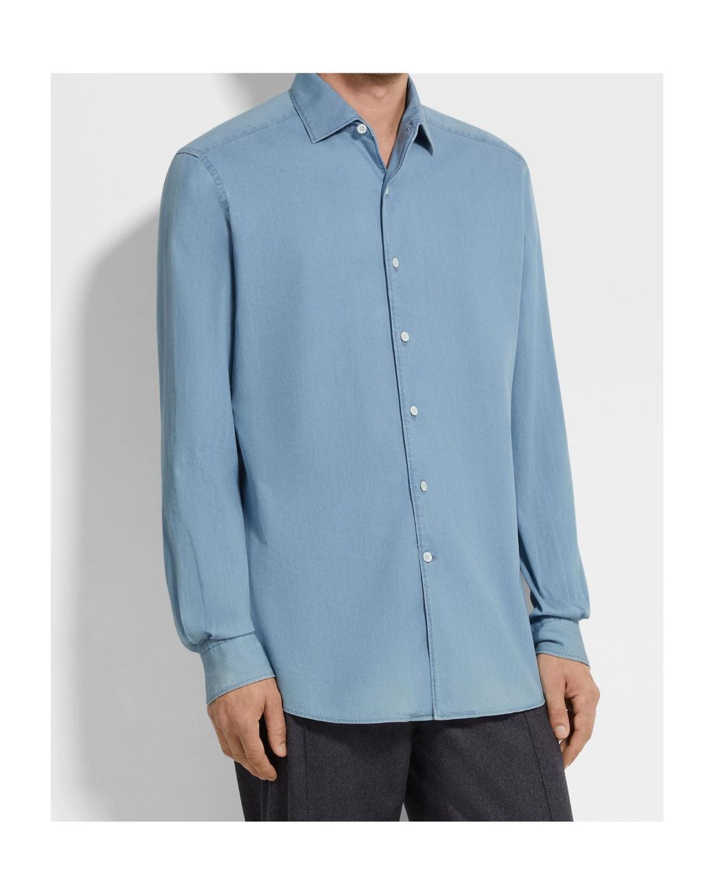 Zegna Blue Cotton Long-Sleeve Shirt for men