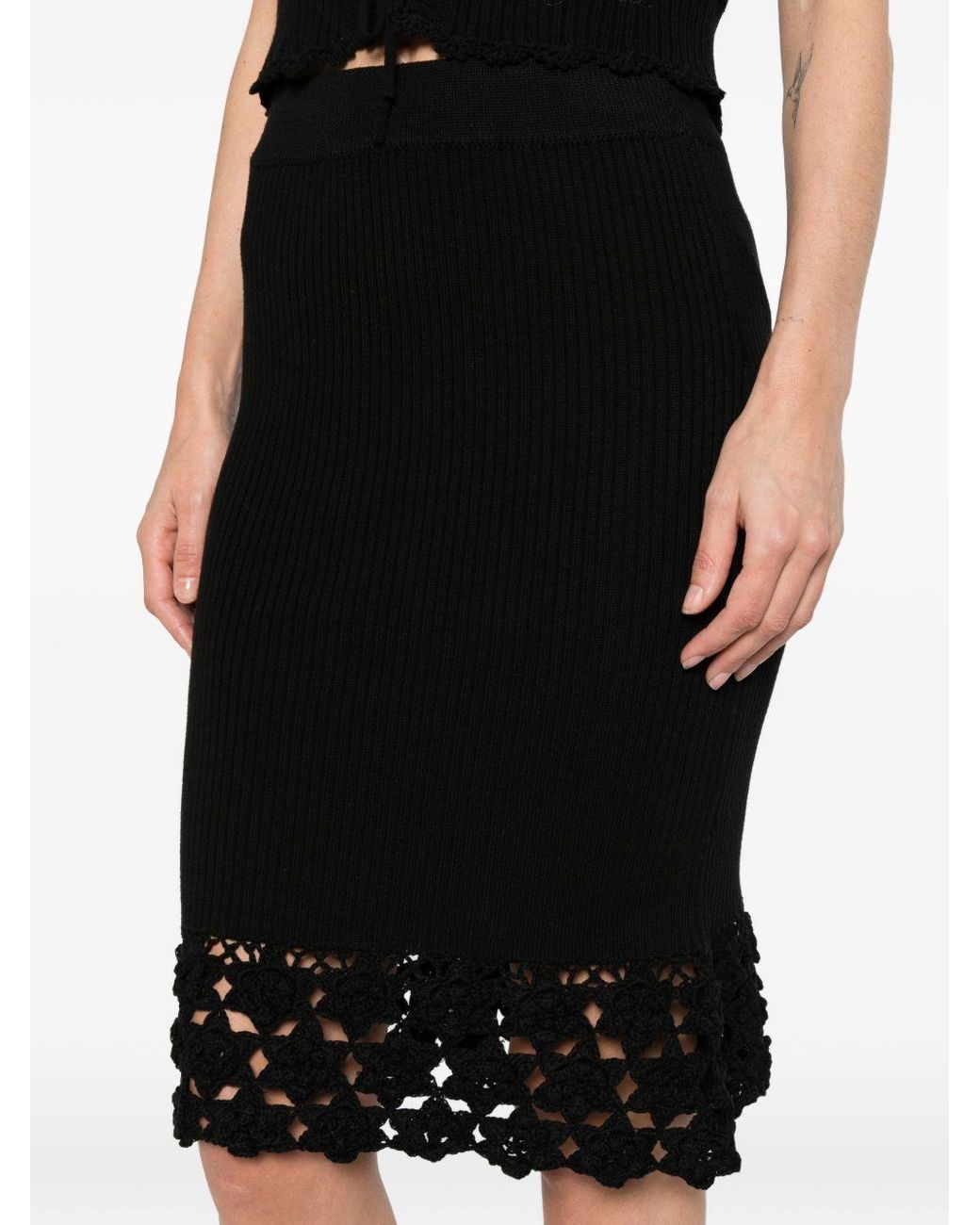 Ganni Black Crochet-Hem Knitted Midi Skirt