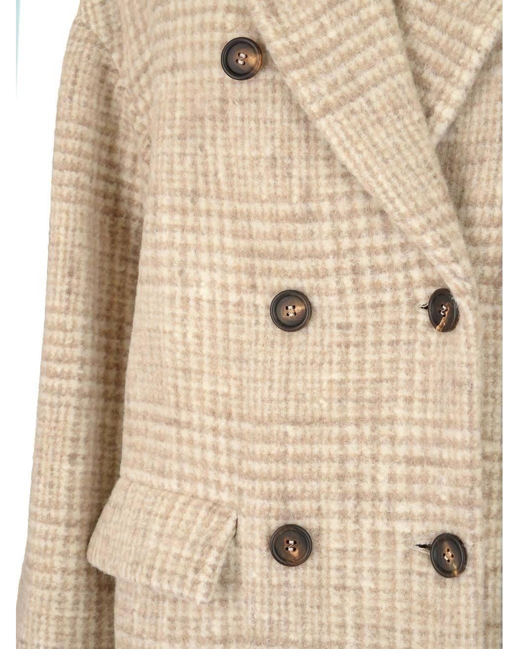 Brunello Cucinelli Natural Double-Breasted Checked Coat