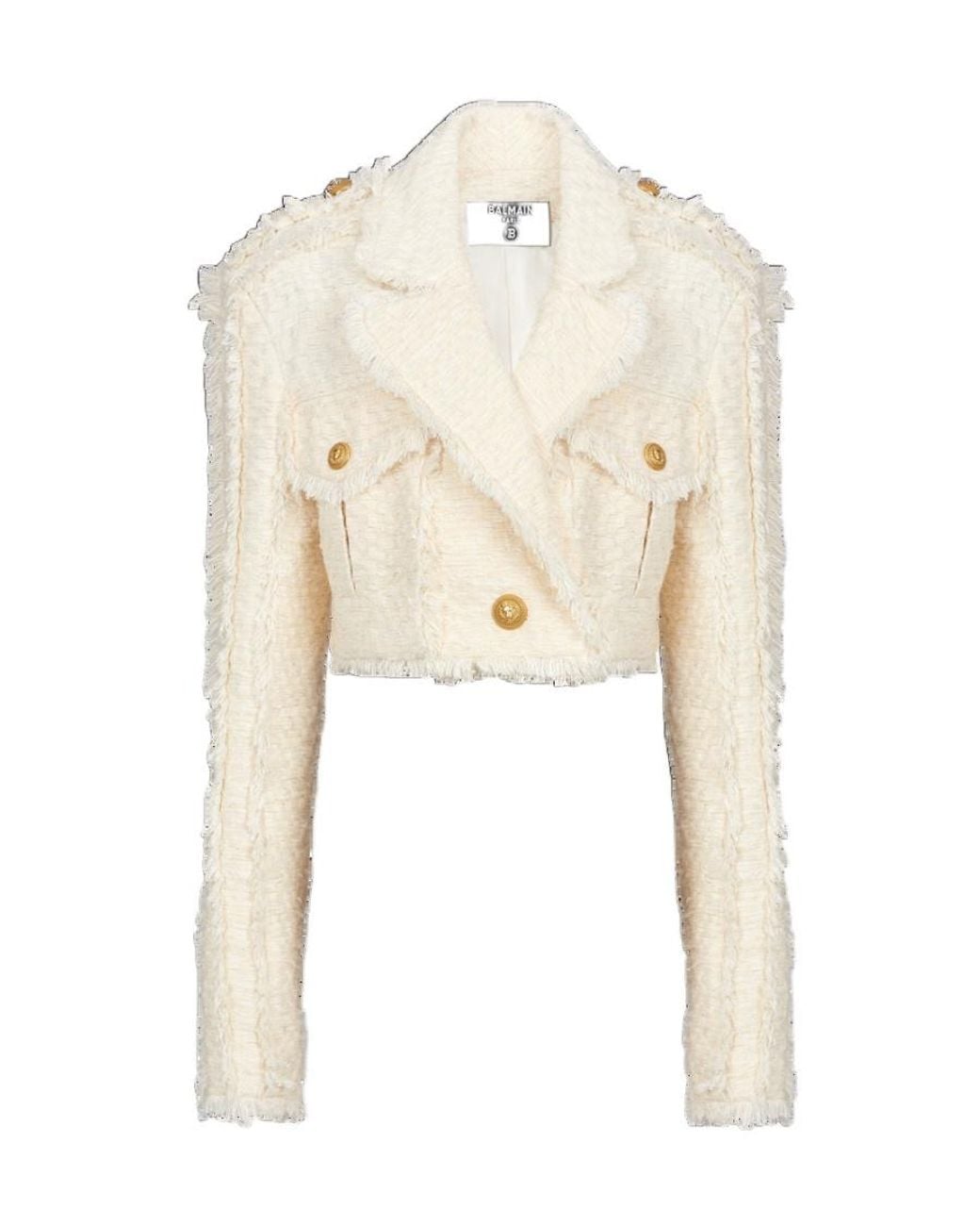 Balmain Natural Short Fringed Tweed Jacket