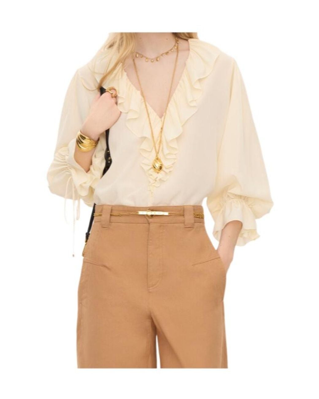 Chloé Natural Chloé Ruffled V-Neck High-Low Top