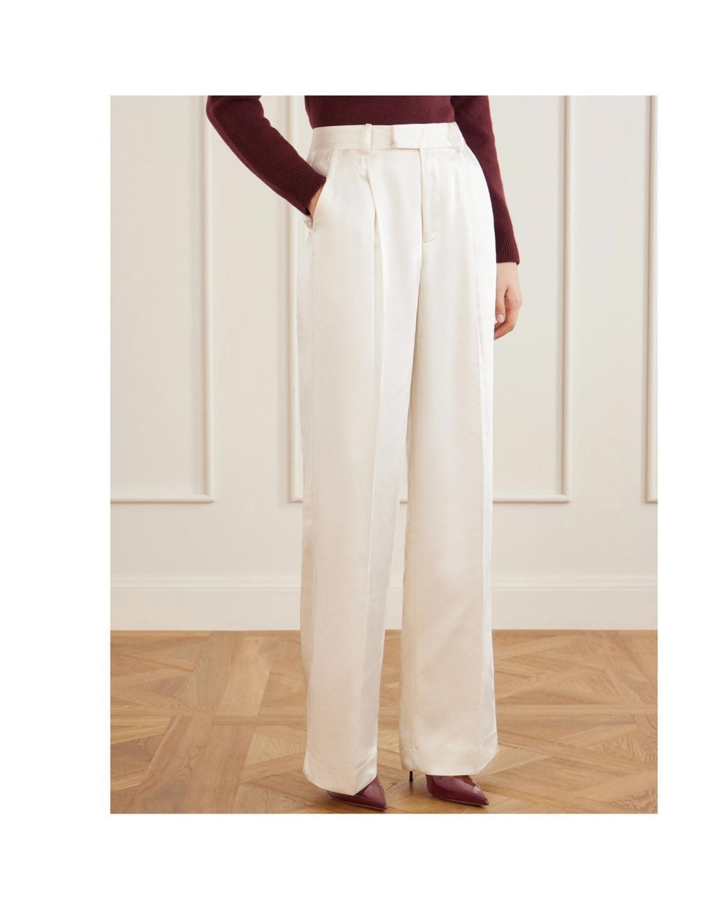 Self-Portrait White Pleated Satin-Finish Tailored Trousers