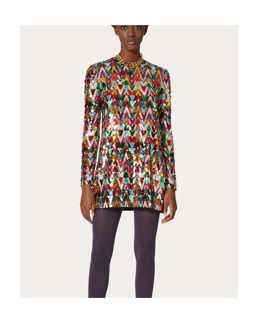 Valentino Multicolor Sequin Embellished Crewneck Dress