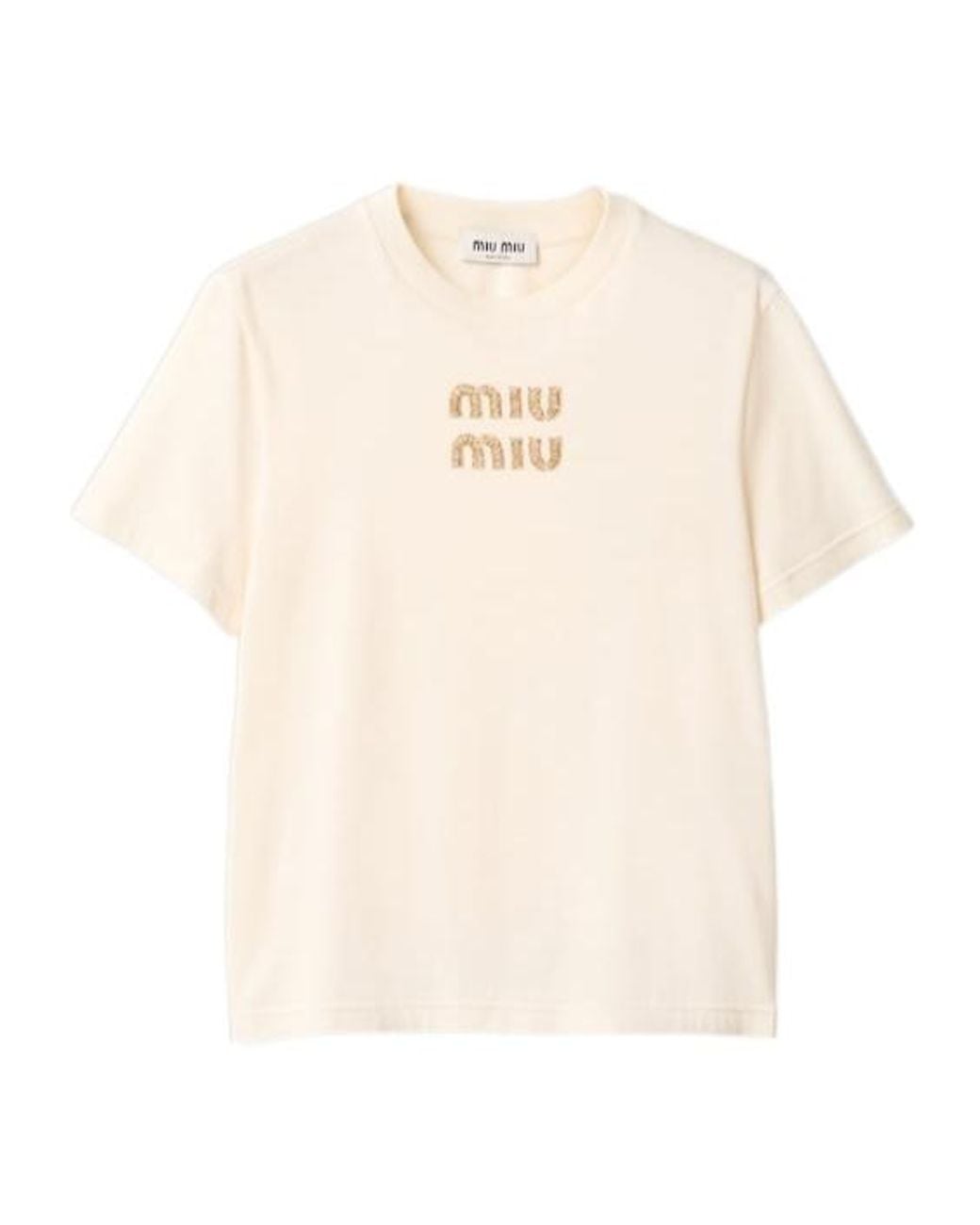 Miu Miu ストーンロゴ 半袖Tシャツ Miu Miu Logo T-Shirt With Rhinestones in Natural | Lyst