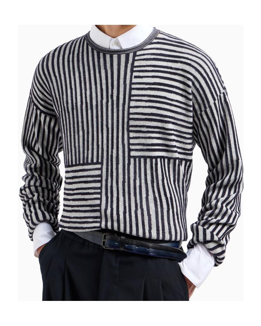 Giorgio Armani Black Jacquard-Striped Crew-Neck Sweater for men