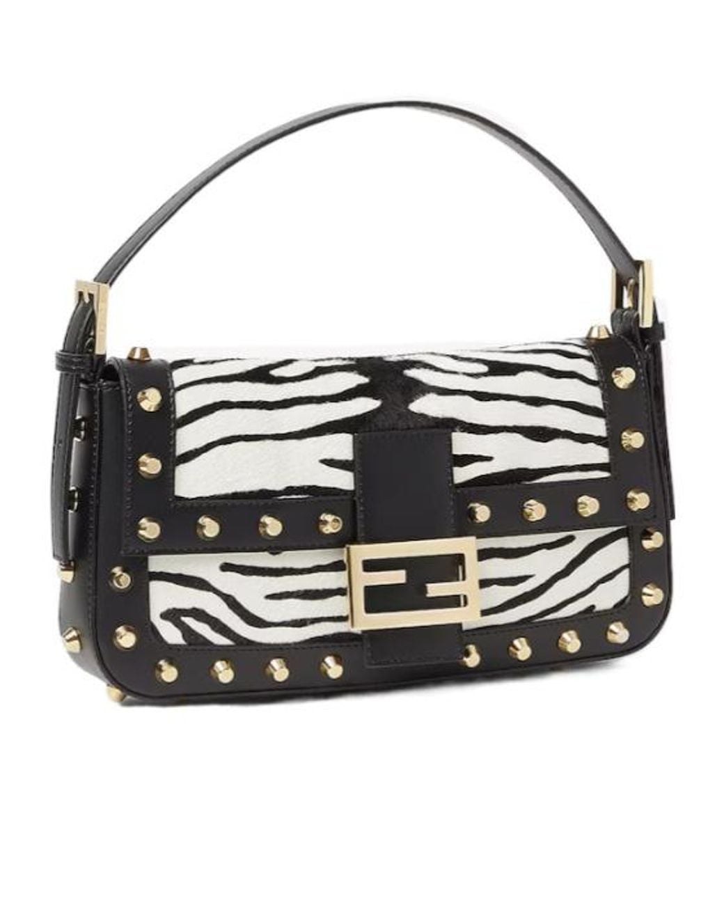 Fendi White Baguette 26424 Tiger-Stripe Print Pony-Effect Leather Bag With Studs