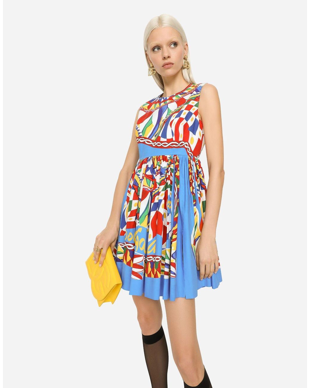 Dolce & Gabbana White Carretto Printed Sleeveless Mini Dress