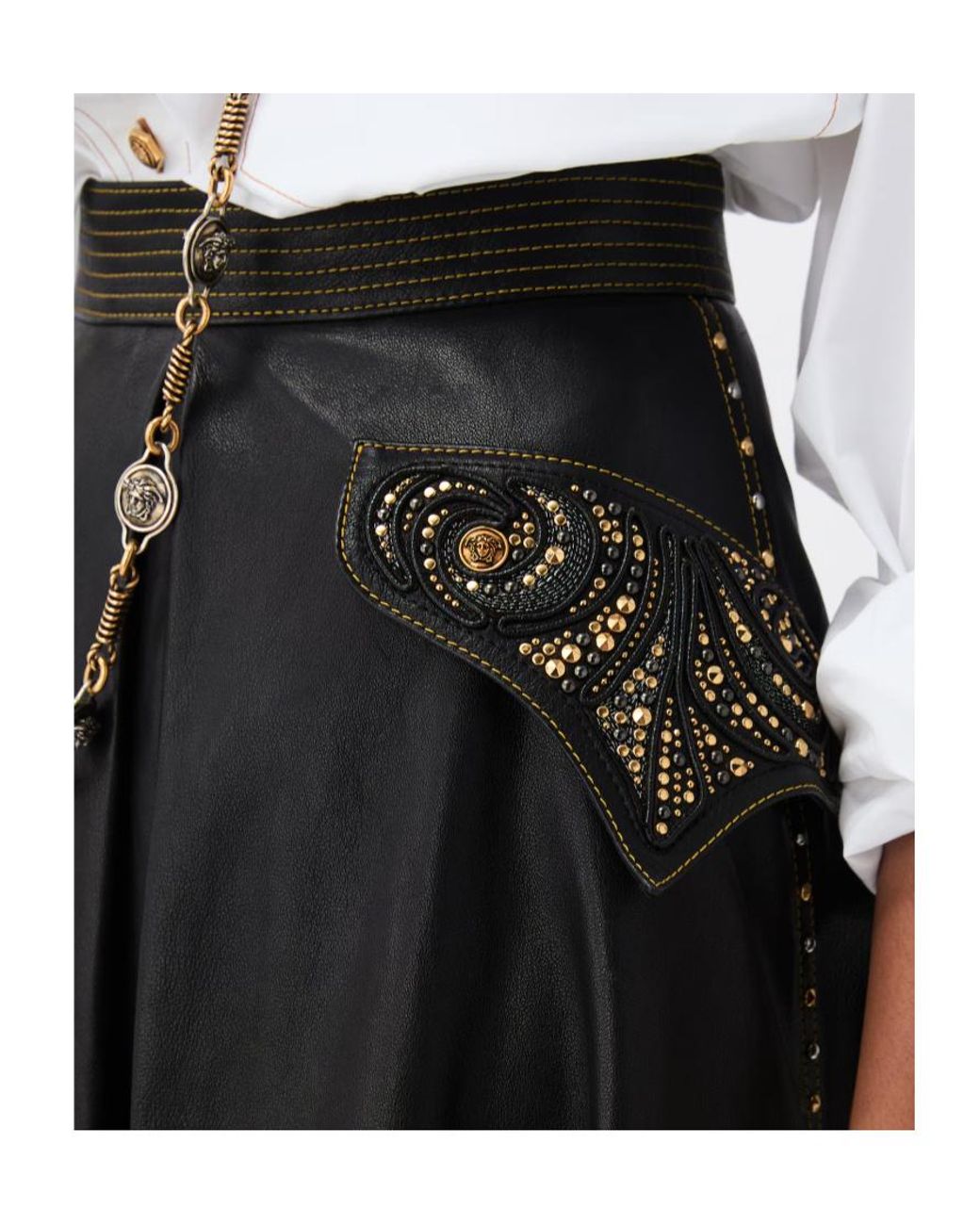 Versace Black Studded Leather Midi Skirt