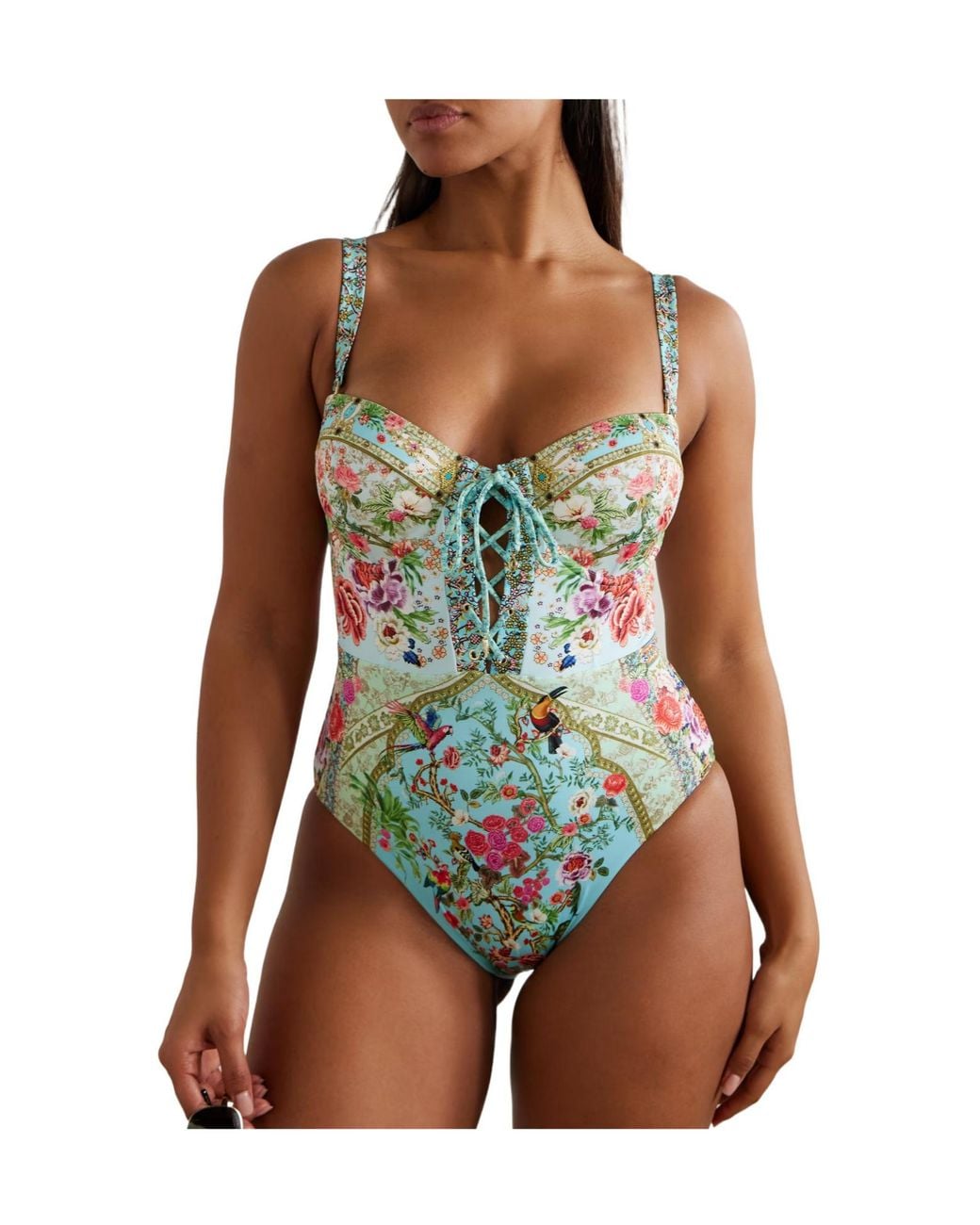 Camilla Blue Lace-Up Crystal-Embellished Printed Recycled Swimsuit