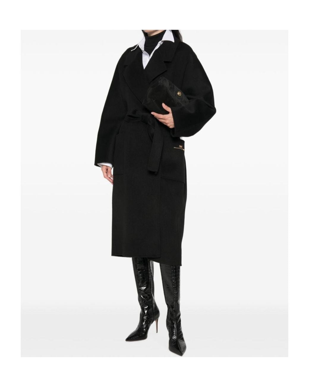 Elisabetta Franchi Black Double Cloth Belted Coat