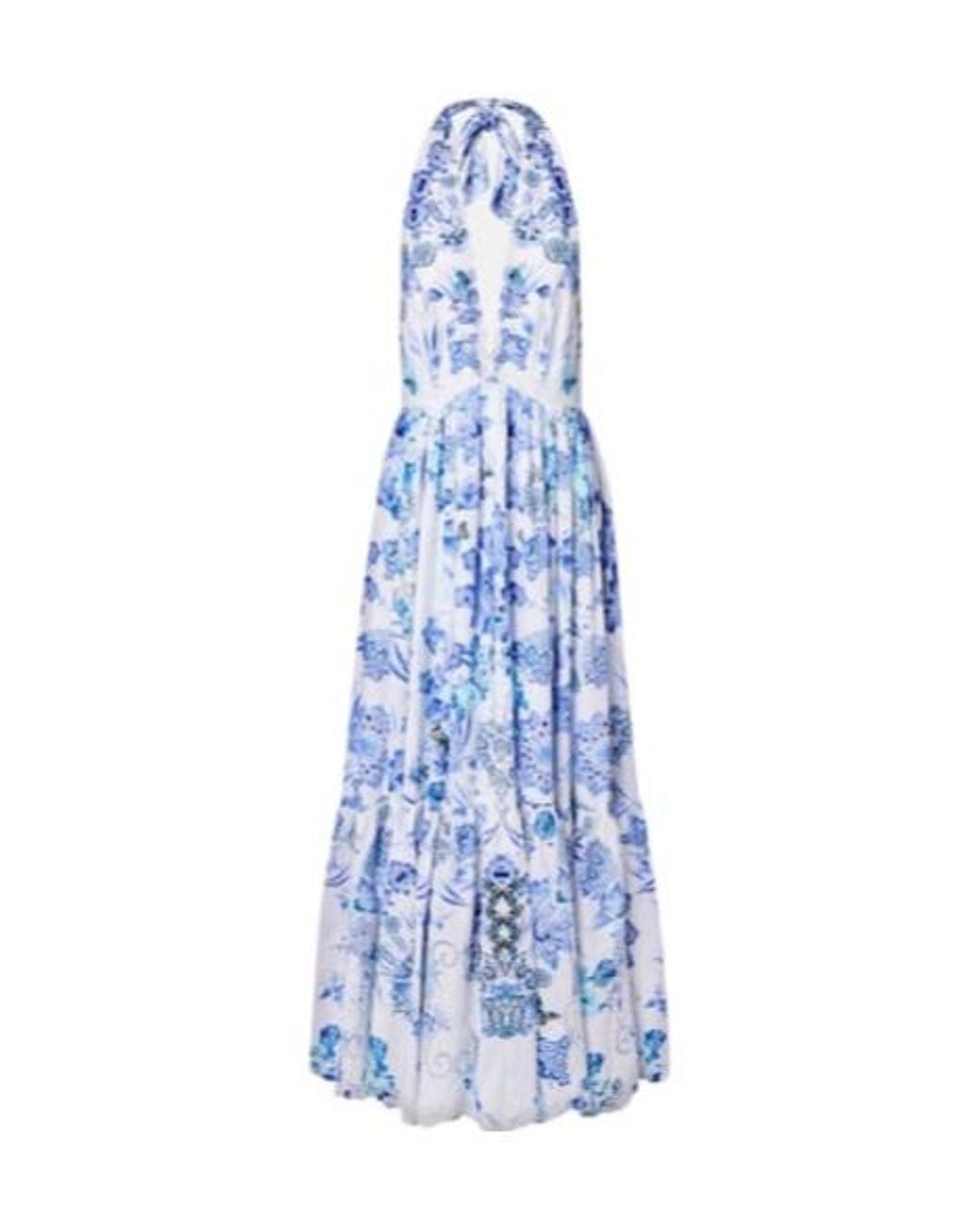 Camilla Blue Embellished Halterneck Cotton Poplin Maxi Dress