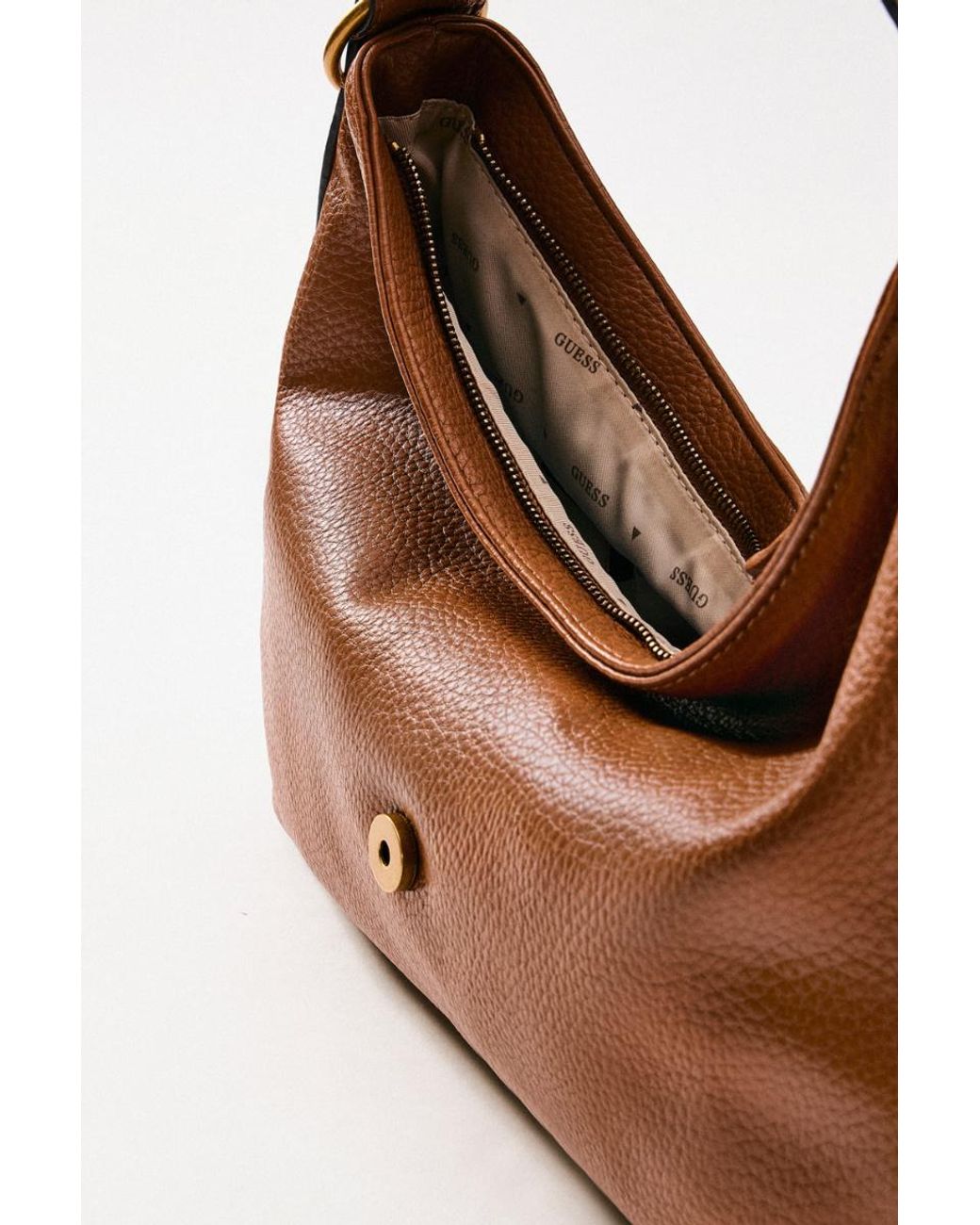 Guess Brown Camden Logo-Plaque Pebbled Midi Shoulder Bag