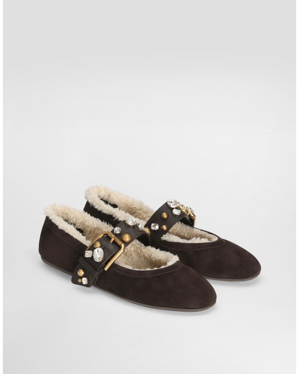 Dolce & Gabbana Brown Embellished Strap Ballet Flats