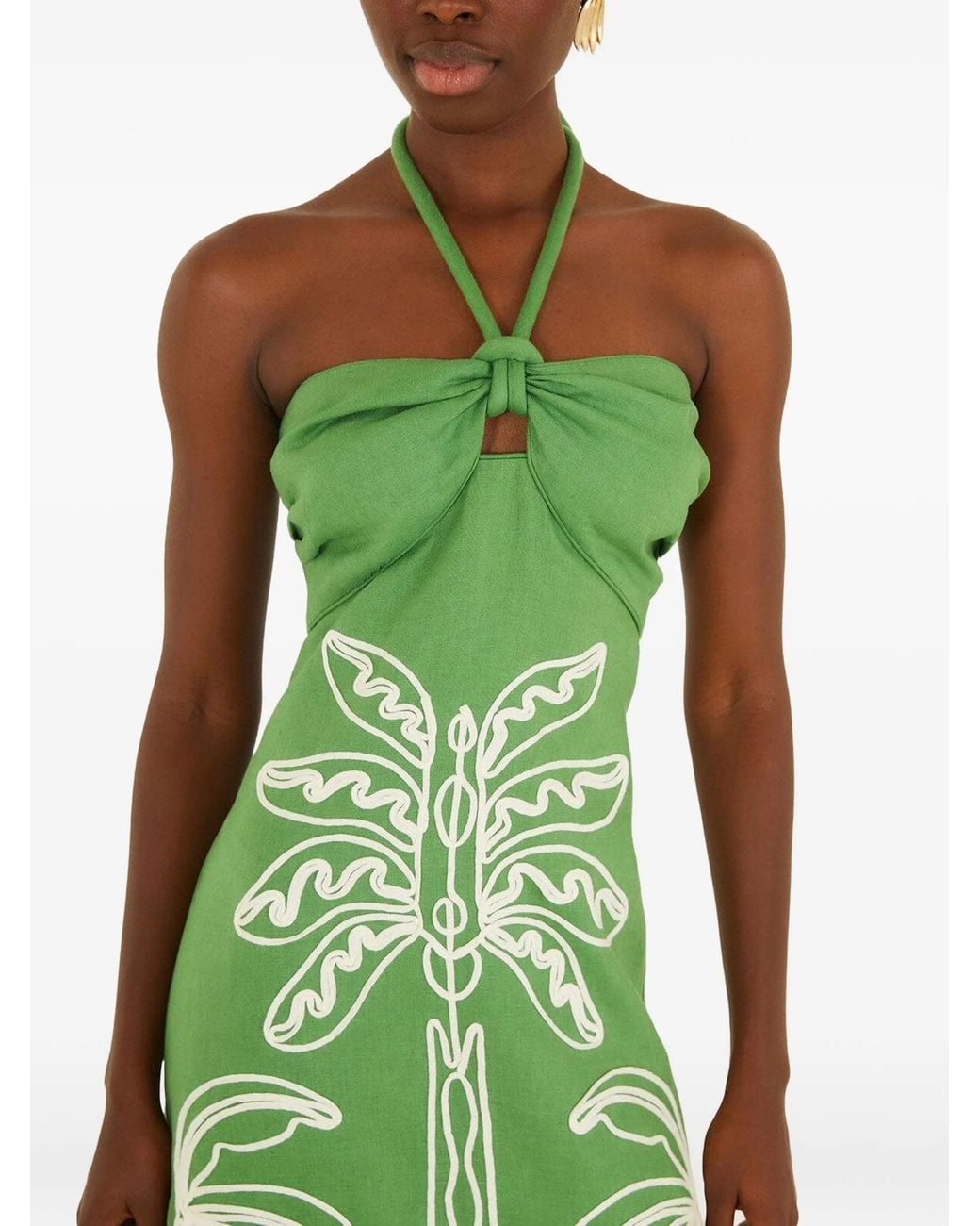Farm Rio Green Palm-Tree Embroidery Midi Dress