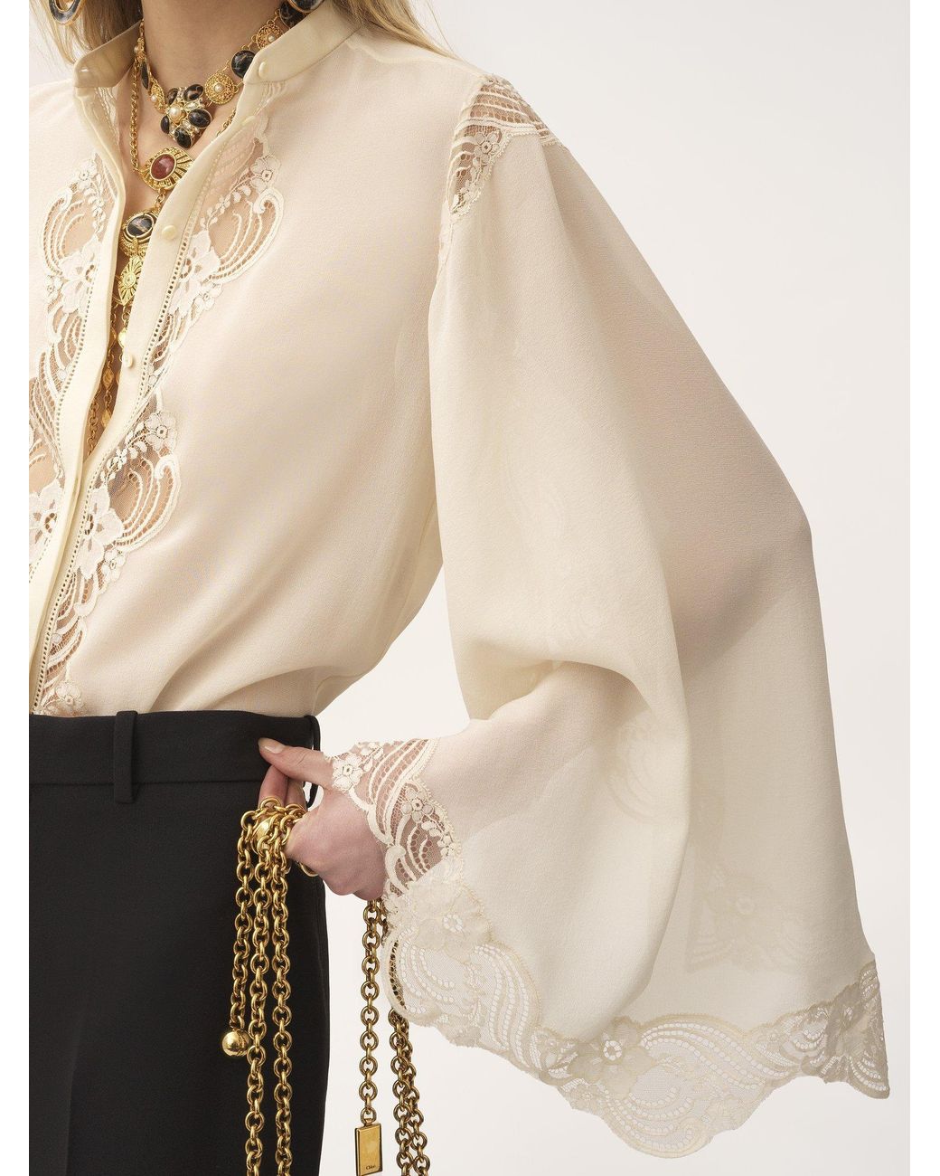 Chloé White Chloé Lace-Trim Fluid Blouse