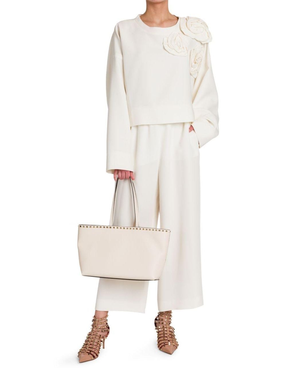 Valentino White Floral-Appliqué Long-Sleeve Top