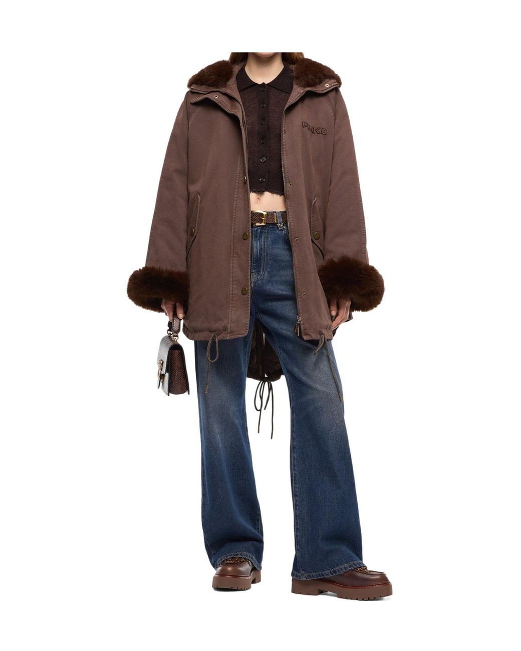 Pinko Brown Patria Faux Fur Trim Parka Coat