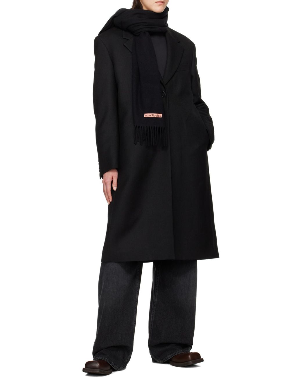 Acne Black Logo Patch Fringed Scarf for men